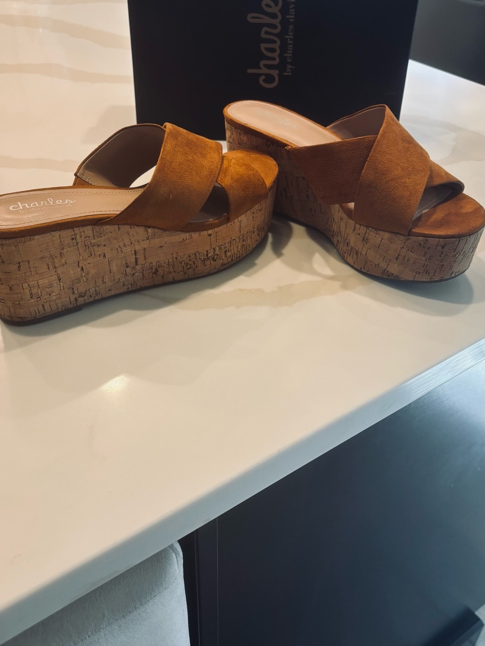 Charles by Charles David Tan Suede Cork Platform Slide Sandals